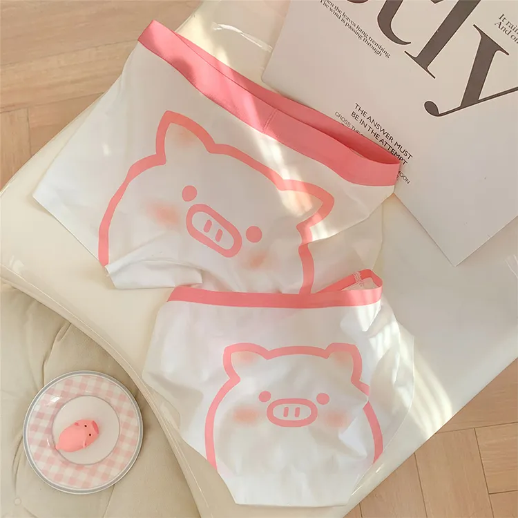粉恋小猪~可爱情侣内裤夏季卡通可爱纯欲一男一女冰丝平角三角裤