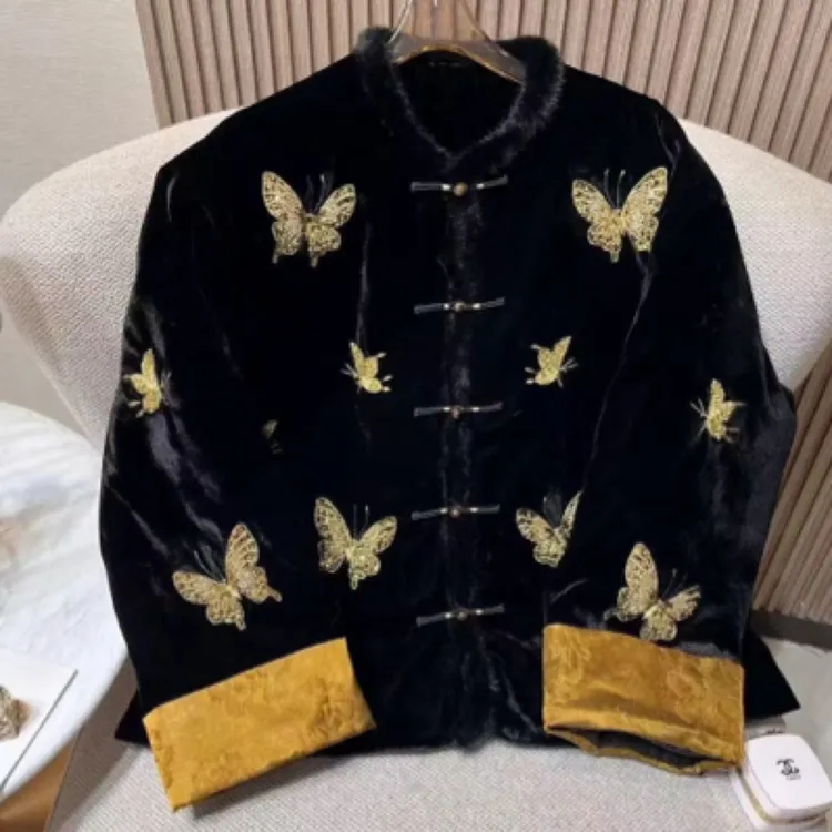 深圳2024秋冬真丝丝绒蝴蝶订珠棉服外套