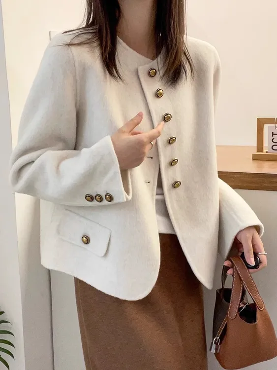 小香风韩系双面羊毛大衣女士春秋新款简约百搭圆领小短款毛呢外套