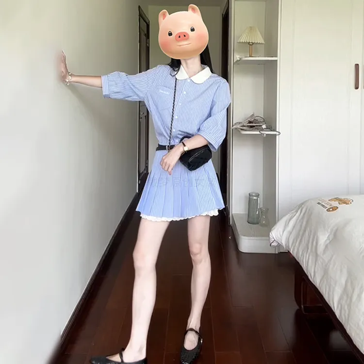 2024新款学院风蓝色条纹衬衫连衣裙子女装夏季小个子气质韩系套装