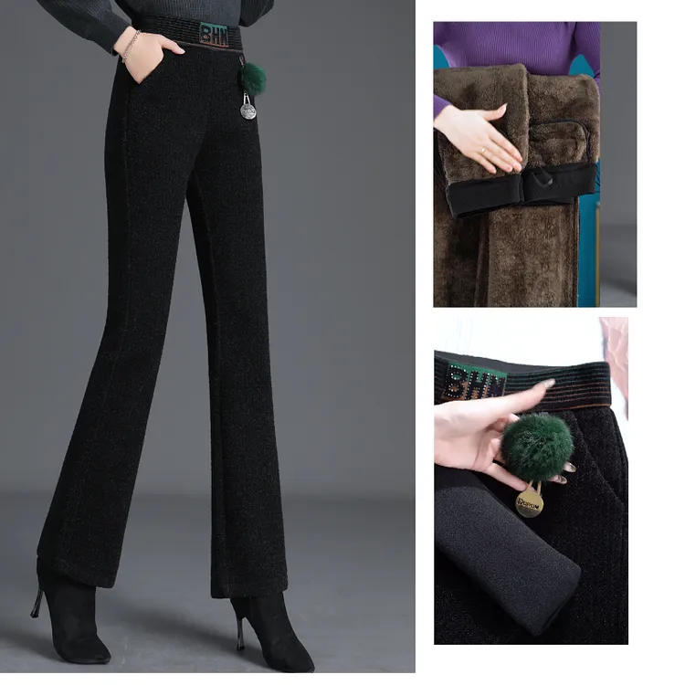 梦思雨2025秋冬季女士新款加绒加厚时尚喇叭裤显瘦高腰微喇裤长裤