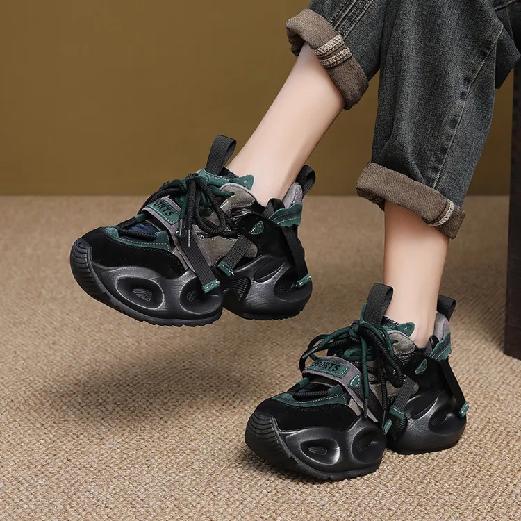 真皮松糕跟休闲拼色老爹鞋女2024秋冬新款时尚小众运动鞋百搭女鞋