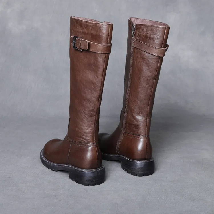 2024秋冬新款头层牛皮简约长靴时装靴时尚方跟休闲拉链马丁靴高靴