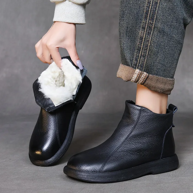 头层牛皮羊毛短靴女2024秋冬新款百搭加绒棉靴时尚平底软底马丁靴