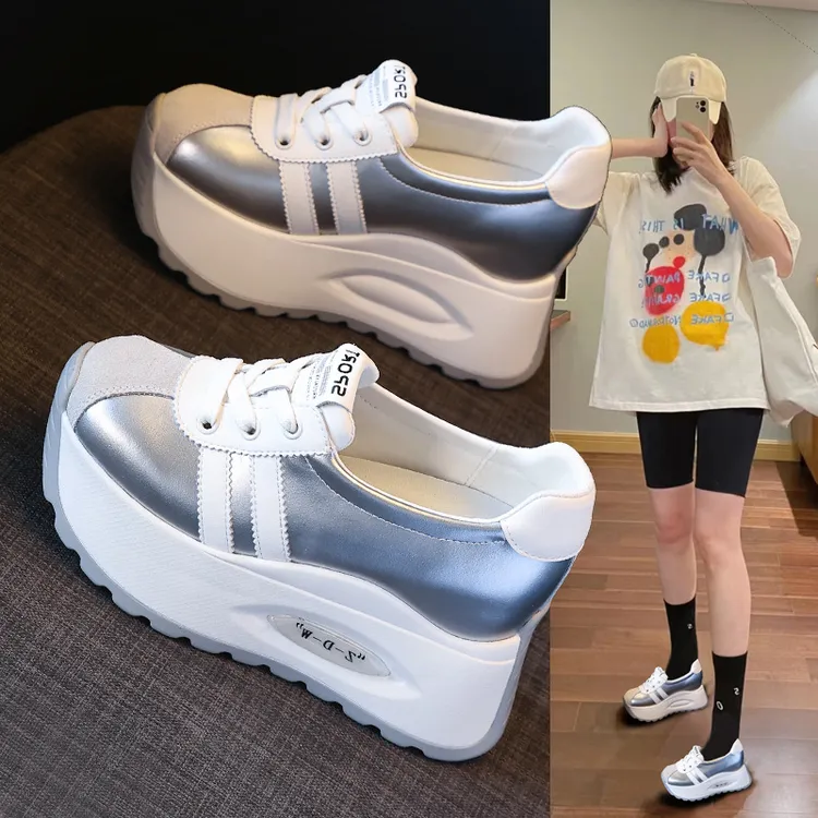 厚底浅口阿甘鞋女2024夏季新款透气软底运动鞋真皮百搭休闲小白鞋