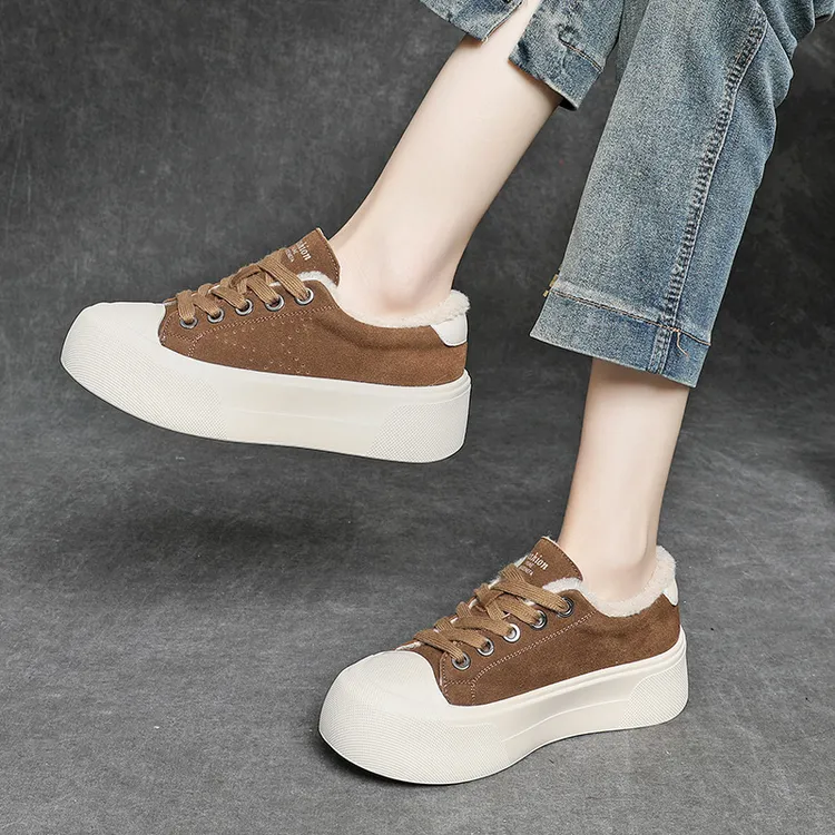 2024冬季新款真皮加绒保暖棉鞋前系带百搭厚底毛毛板鞋饼干鞋女鞋