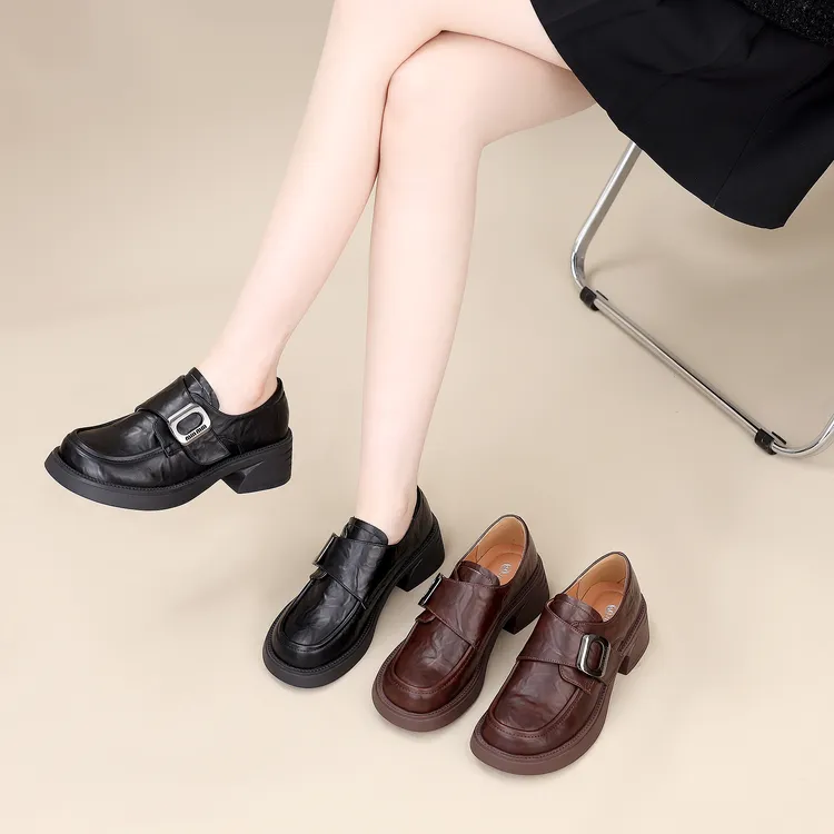 2024新款女鞋英伦风粗跟厚底小皮鞋百搭时尚单鞋圆头乐福鞋062