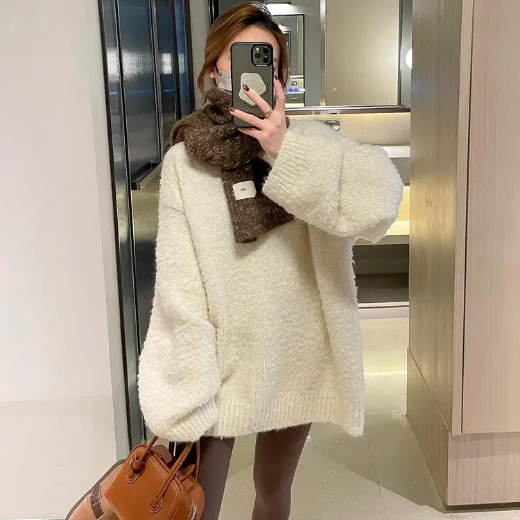 韩版宽松中长款针织衫女春秋大码胖mm显瘦遮肉毛衣慵懒风打底上衣