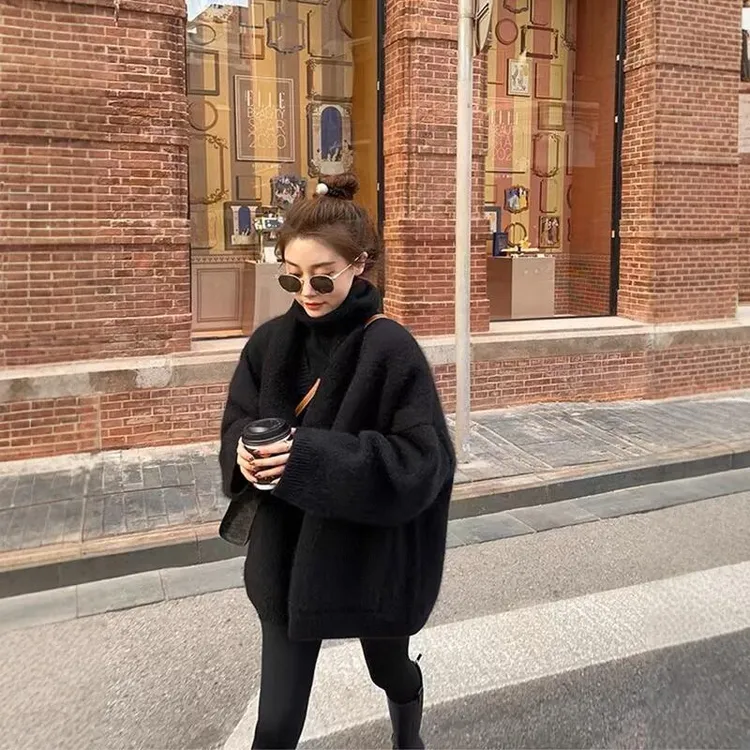 大码胖MM中长款宽松针织开衫外套女春秋慵懒风显瘦遮肉高级感毛衣