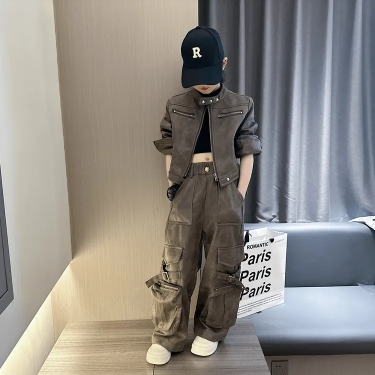 女童春秋工装套装2025新款大童美式复古炸街短款机车服时尚两件套