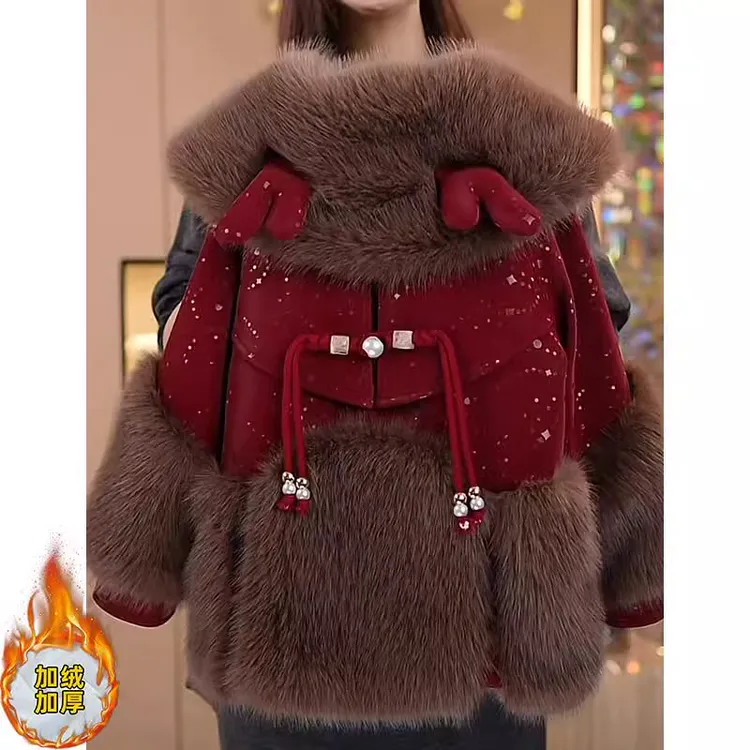 女童皮衣毛毛外套2024冬款皮毛一体女孩棉服圣诞红色拼接免洗夹克