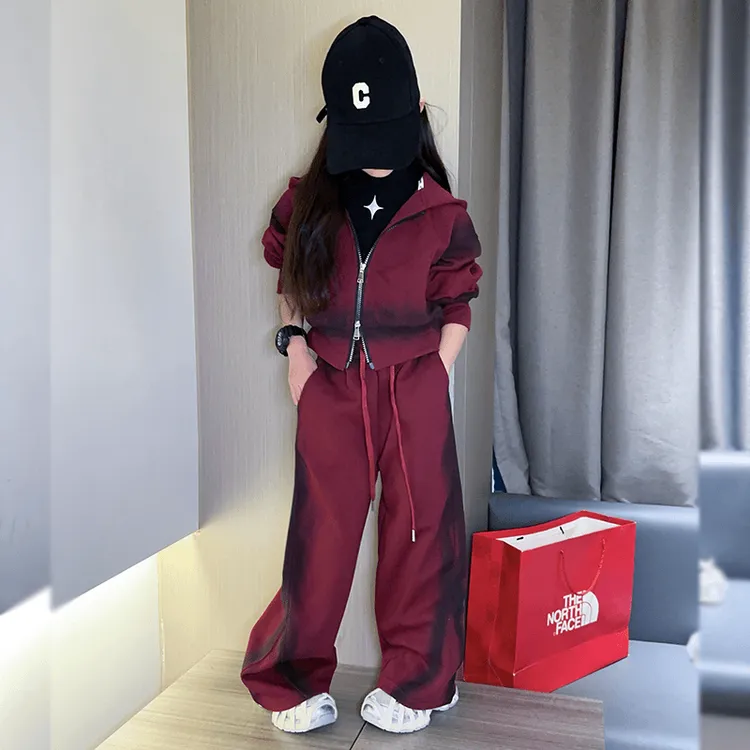 女童秋季潮酷喷染套装2025新款中大童休闲时尚儿童连帽开衫两件套