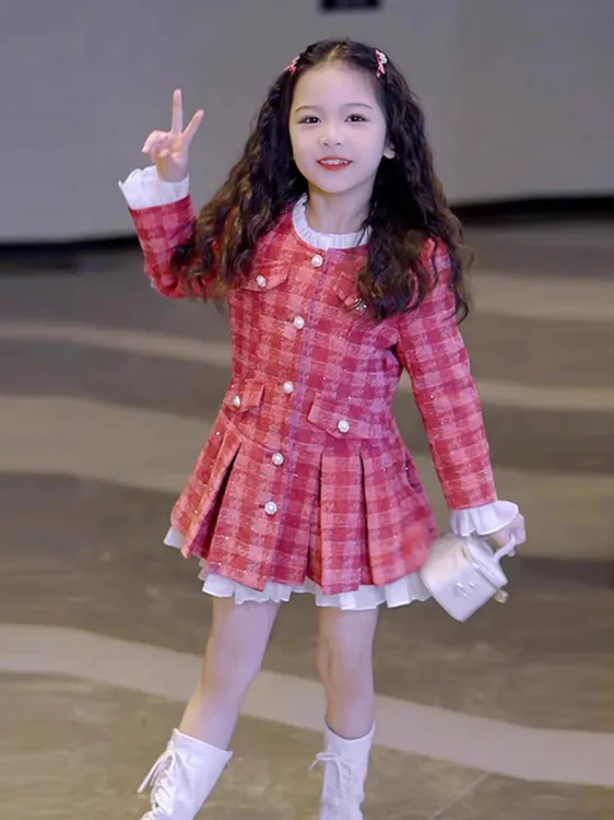 女童小香风秋冬加绒连衣裙2025新款红色公主裙儿童年服打底衫外套