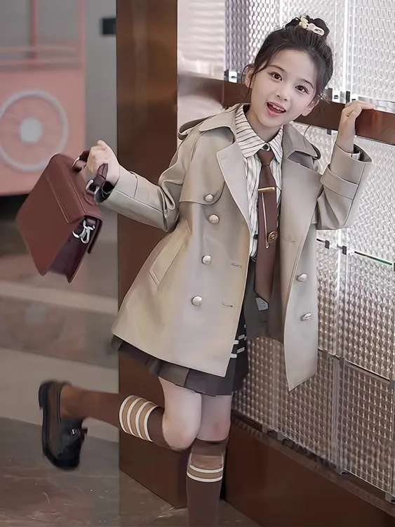 女童中长款风衣外套春秋装2025新款儿童学院英伦风两件套时髦洋气