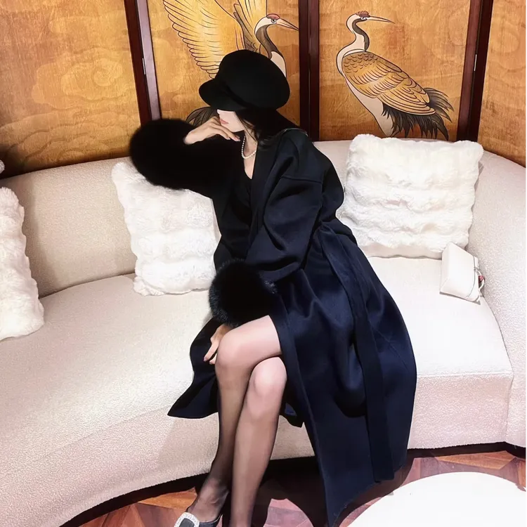 御姐大女主黑色长款毛毛袖双面呢羊毛大衣外套长款系带圣诞节外套