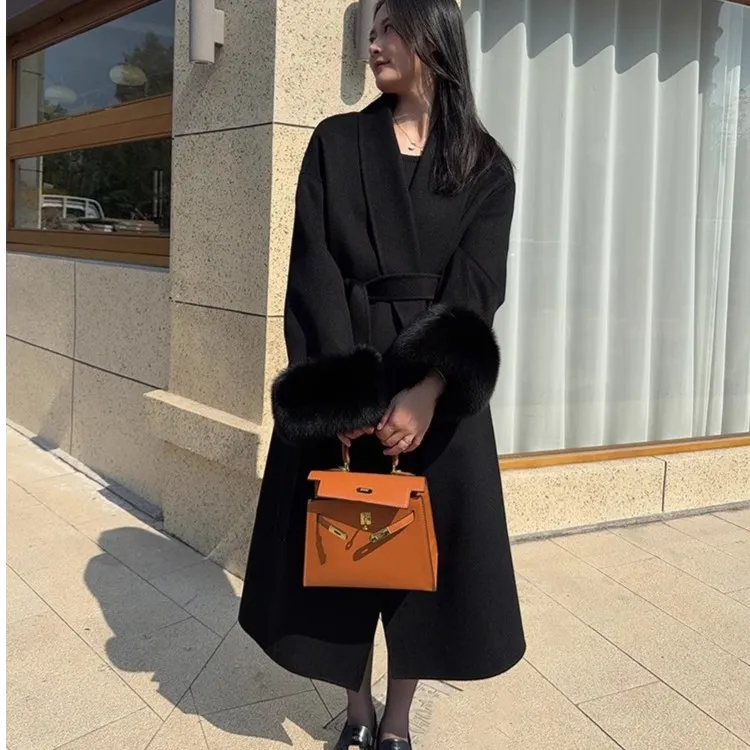 德宽淼家蜜千千同款双面羊绒大衣真毛毛睡袍风慵懒大衣羊毛中长款