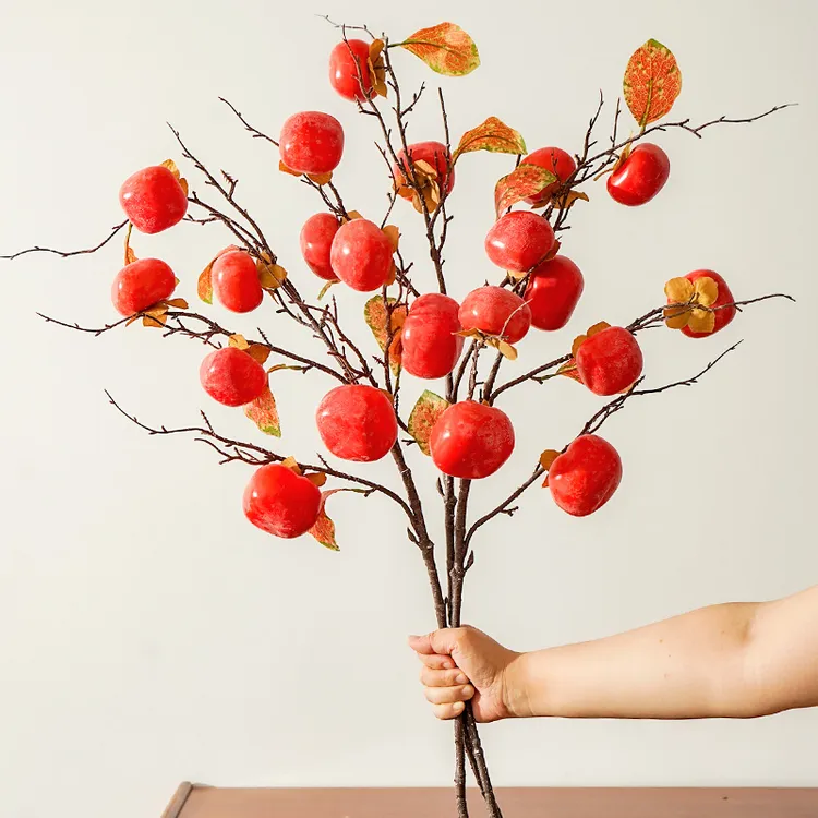 品质仿真柿子树枝叶子柿柿如意插花乔迁客厅餐桌假柿子果树枝装饰