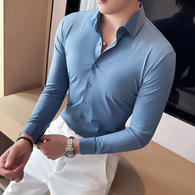高弹力冰丝无痕长袖衬衫男士韩版潮流修身高级感衬衣商务休闲痞帅
