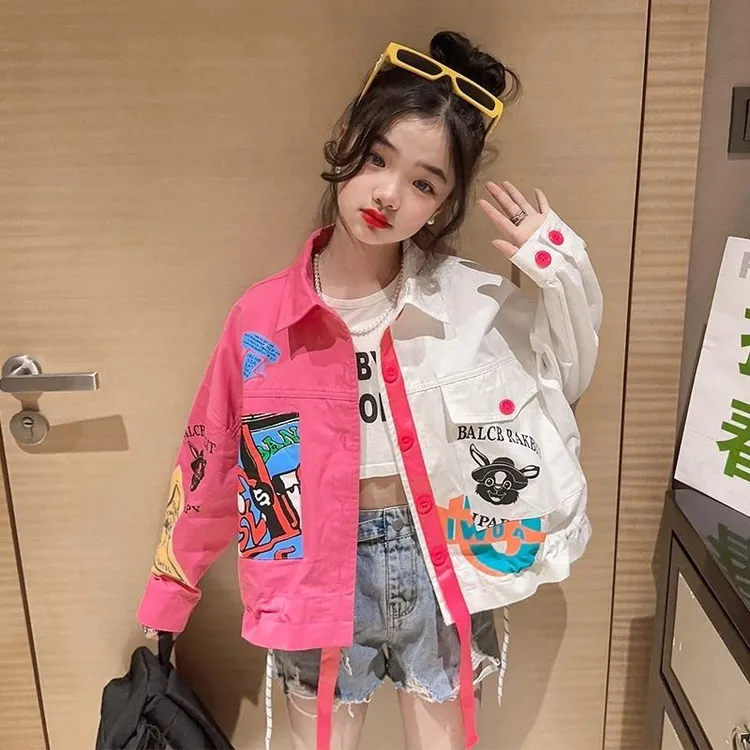 女童装春秋款外套女大童卡通动漫洋气秋季夹克上衣拼色秋装潮