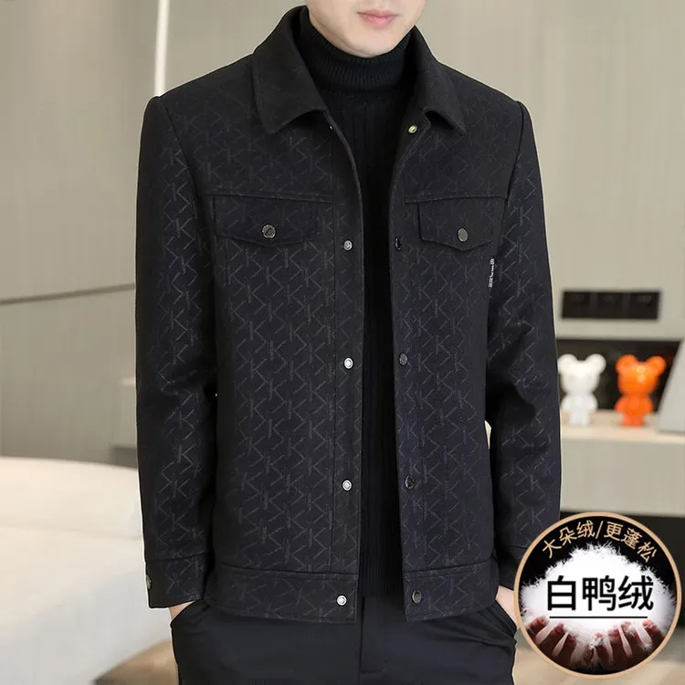 冬季新款夹克羽绒服外套男士百搭翻领防寒保暖白鸭绒内胆提花上衣
