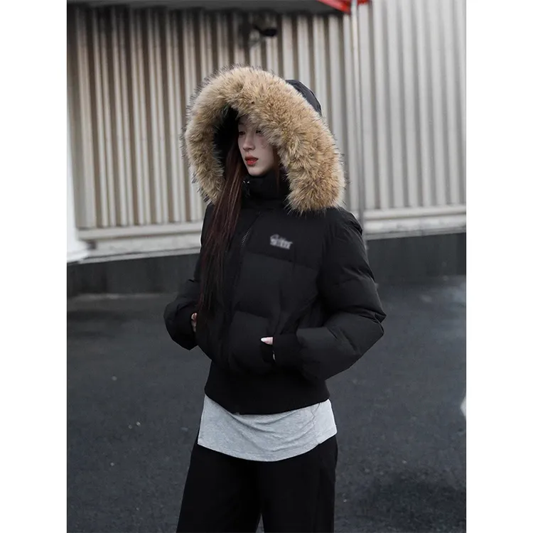 冬季短款毛领连帽棉服女韩系感收腰显冬季保暖瘦百搭短款棉衣外套