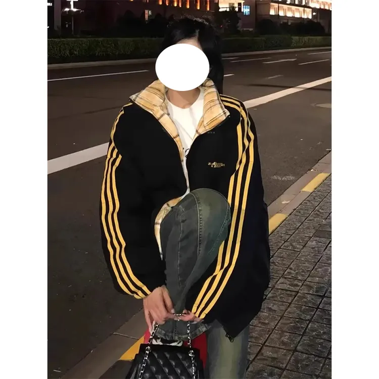 美式设计感拼接条纹加厚棉衣棉服外套女冬季新款学院风宽松面包服