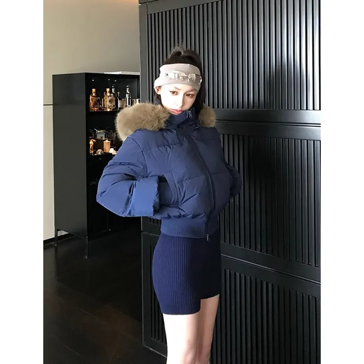 芬兰雪境 冬季复古毛领连帽棉服女新款韩系收腰加厚短款棉衣棉袄