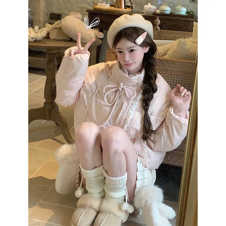 甜美粉色蝴蝶结刺绣短款棉服女冬季新款宽松百搭棉衣棉袄短外套