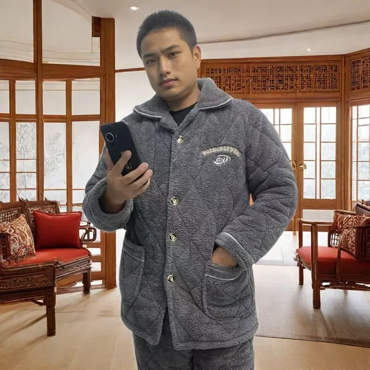 长毛绒特厚加绒夹棉睡衣家居服男士套装保暖大码外穿棉袄冬天爸爸