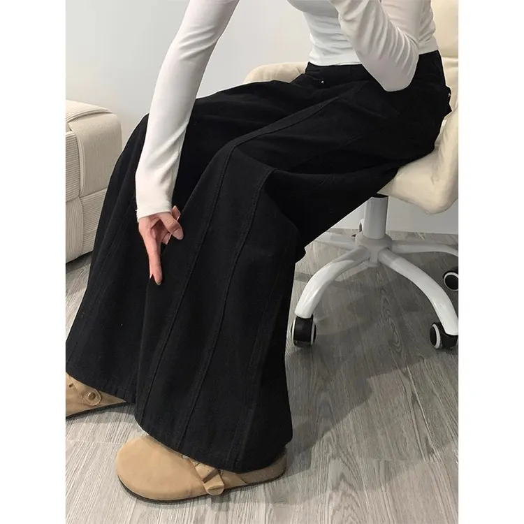 黑色拼接阔腿牛仔裤女秋季新款设计感高腰宽松显瘦百搭直筒长裤子