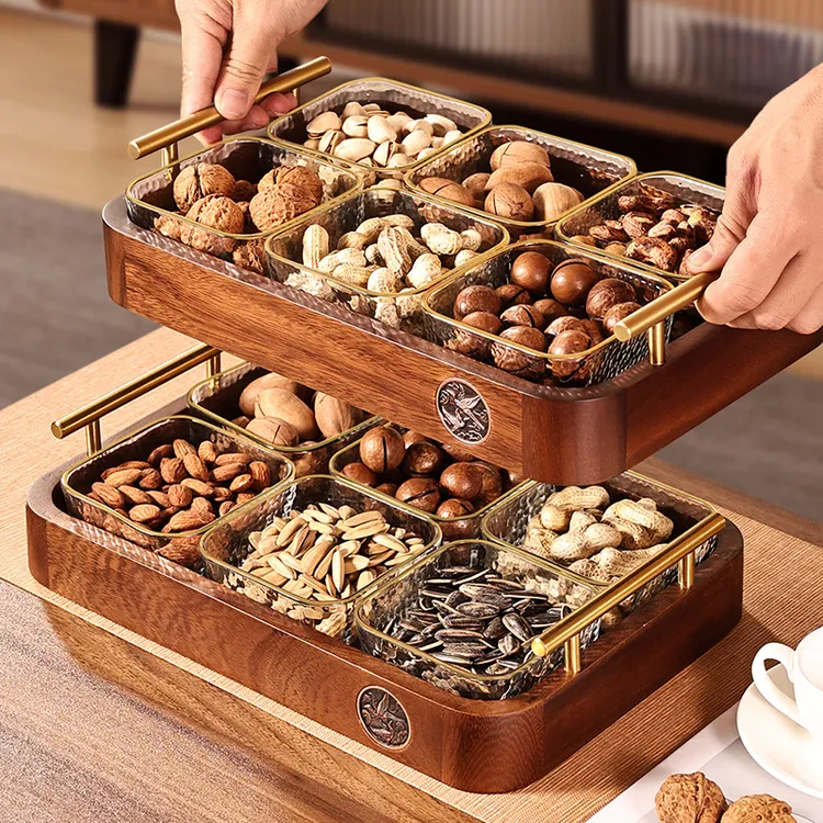 胡桃木托盘带玻璃碗干果盘水果盘新中式客厅实木果盘茶盘收纳盘