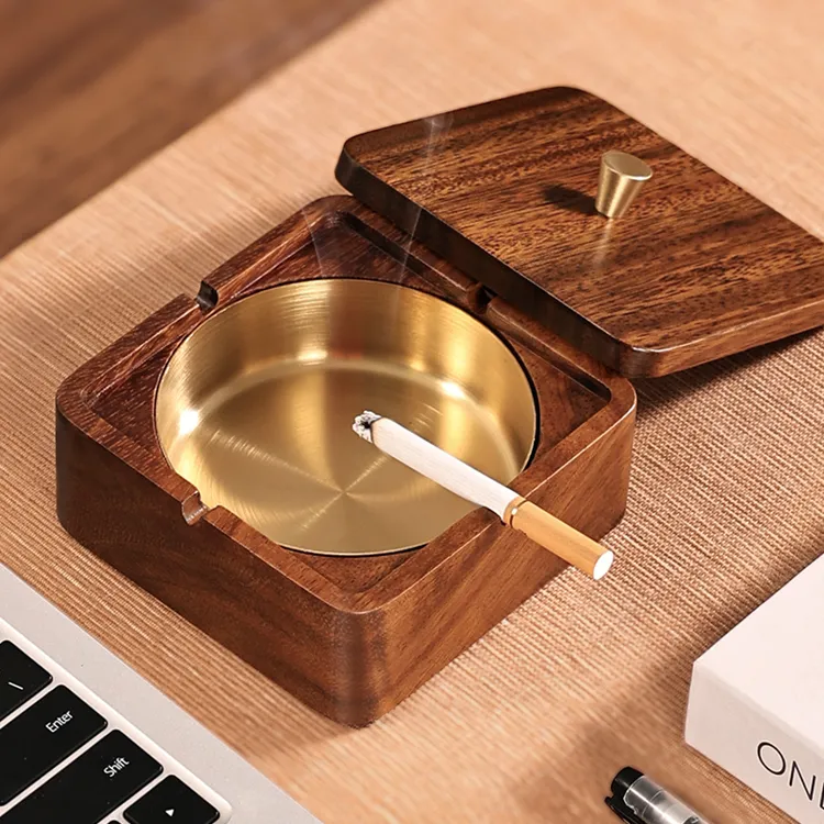 胡桃木实木烟灰缸家用客厅高级感加厚带盖防飞灰新中式酒店茶几