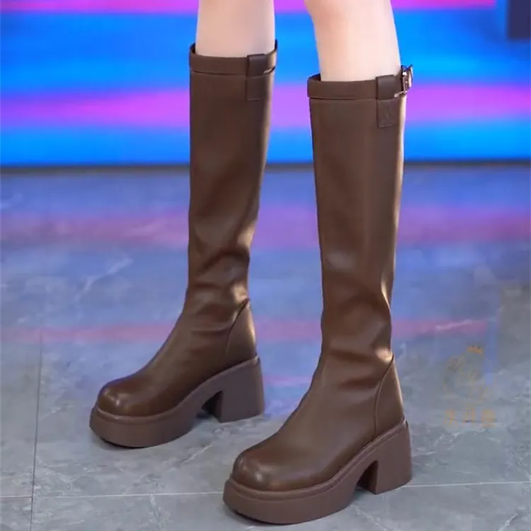 小个子厚底增高长靴女2024新款粗腿显瘦高筒骑士靴粗跟高跟长筒靴