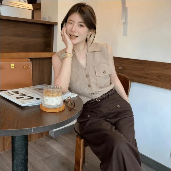 parkyeon夏季新款时尚洋气宽松坎肩工装上衣高级感无袖背心衬衫女