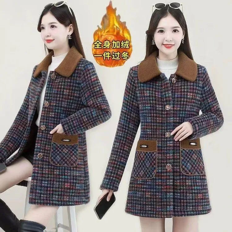 格子仿水貂绒毛呢外套2023新款中长款加厚高端气质妈妈呢子大衣女