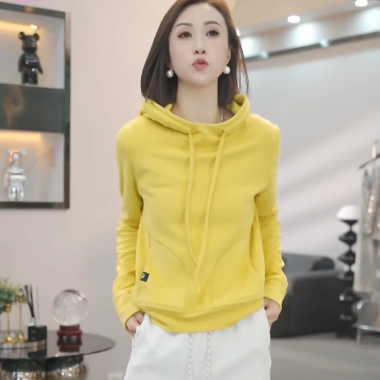 欧货双面德绒抽绳口袋卫衣女2024年冬季新款时尚宽松保暖打底上衣