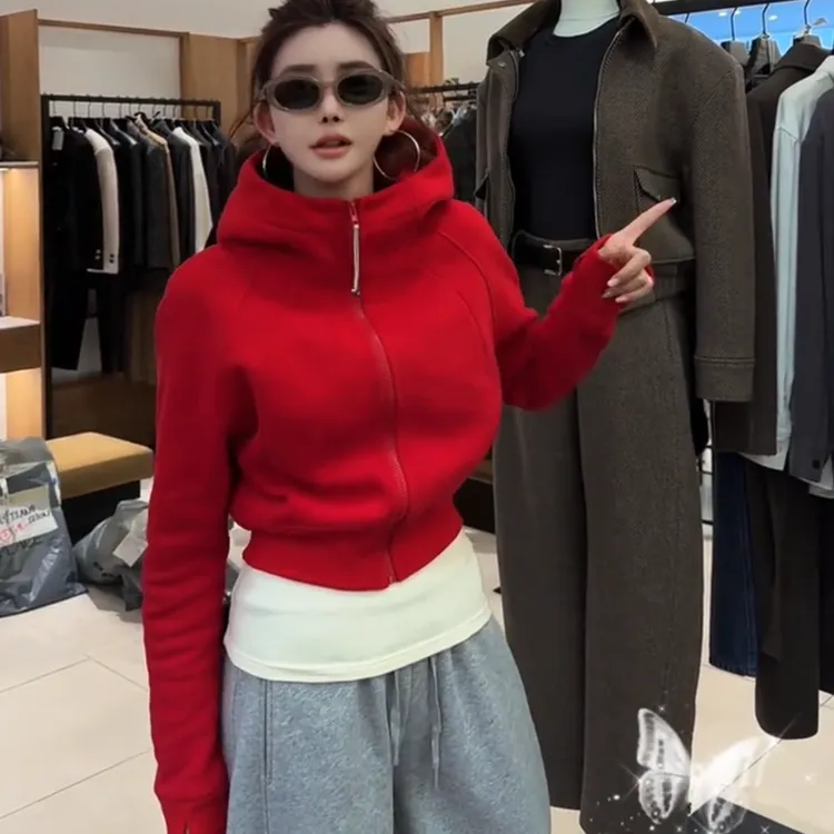 本命年圣诞红lulu修身加绒卫衣女秋冬2024新款拉链短开衫加厚外套