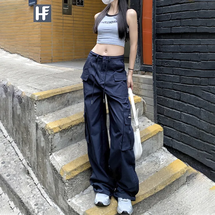 裤长110cm 春秋新款藏青辣妹纯棉美式工装裤女加长窄版阔腿牛仔裤