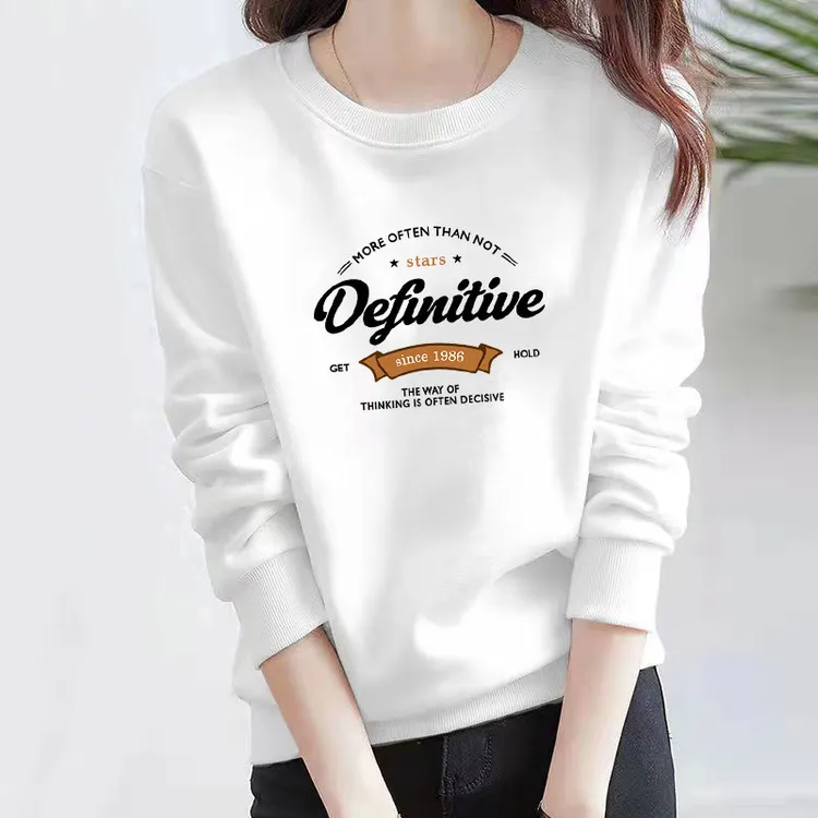 春秋新款卫衣薄款女士圆领白色长袖韩版宽松大码时尚休闲百搭上衣