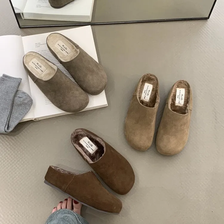 内增高厚底勃肯拖鞋女加绒2024年秋冬新款复古坡跟包头半拖女鞋子