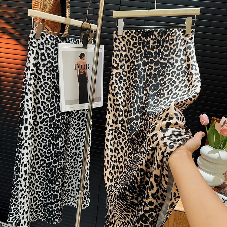美式复古醋酸缎面豹纹包臀鱼尾裙夏季新款小众高腰抽绳垂感半身裙