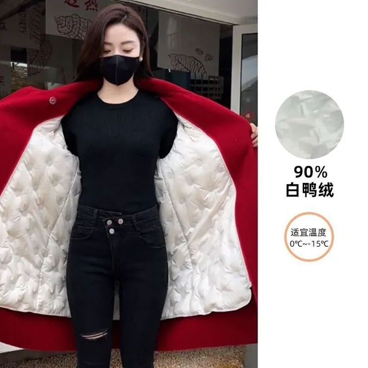 红色加绒内胆毛呢外套女中长款时尚过年牛角扣羽绒红色过年大衣