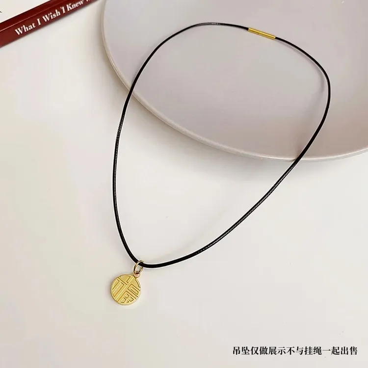 合金项链 黄挂件金吊坠黑色挂绳项链黑绳小皮绳气质颈链不易掉色
