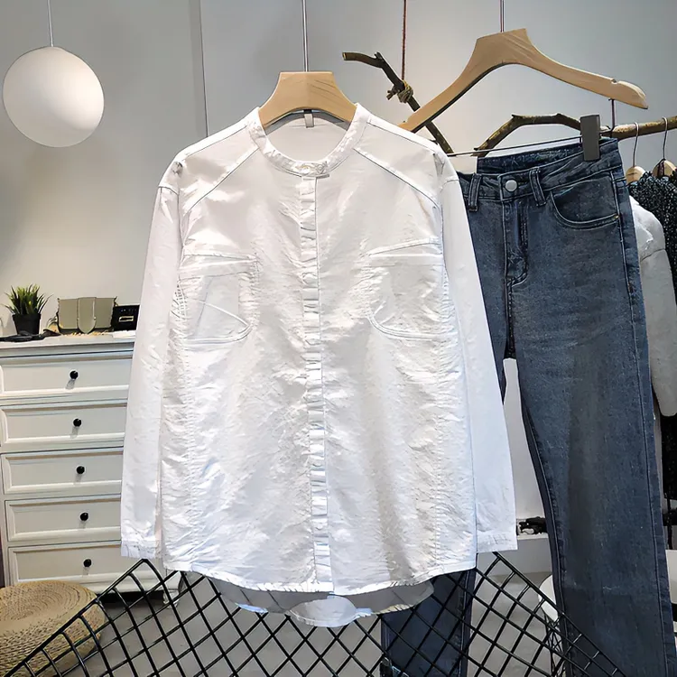 白色水洗纯棉衬衣春秋季新款韩版设计感双口袋宽松女士长袖衬衫潮