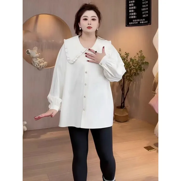 大码法式娃娃领磨毛长袖衬衫女秋冬胖mm宽松显瘦内搭打底上衣