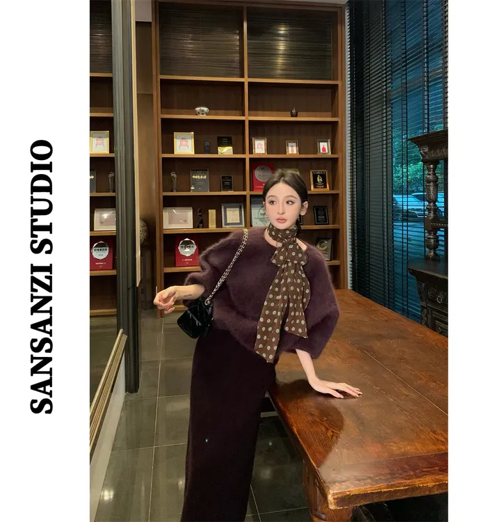 SANSANZI时髦复古洋气针织毛衣上衣半身裙套装丝巾套装