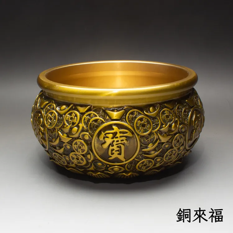 全黄铜聚宝盆钱币盆浮雕聚宝盆金钱盆年年有余家居摆件高档中式
