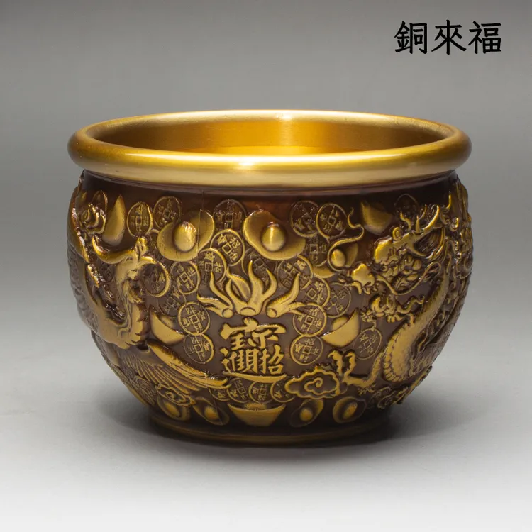 龙凤缸铜缸纯黄铜米缸进宝聚米缸客厅家居工艺品摆件口径9.5高7cm