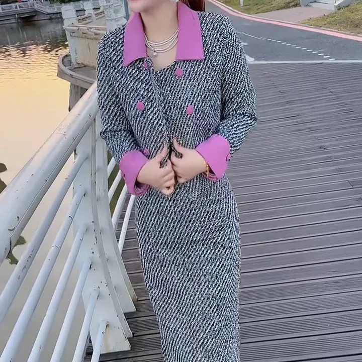 洋气时尚气质百搭满天星小香风拼接领长袖上衣开叉半身裙显瘦套装