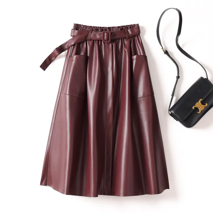 海宁皮中长裙女新款半身裙皮裙百褶裙显瘦大摆裙高腰显瘦A字